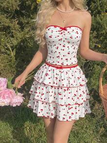 SHEIN MOD White And Red Cherry Print Two-Piece Set,Summer Cottage Core Picnic Holiday,Strapless Ruched Bustier Top & High-Waisted Tiered Ruffle Mini Skirt - Red and White - View 3
