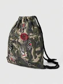 ROMWE Grunge Punk 1 pieza Mochila con cordón de gran capacidad y múltiples bolsillos, estilo versátil y casual, unisex, adecuada para ir al trabajo, socializar y hacer compras, con bordado de nota musical de camuflaje retro y parche de barra oscura - Verde medio - Ver 2