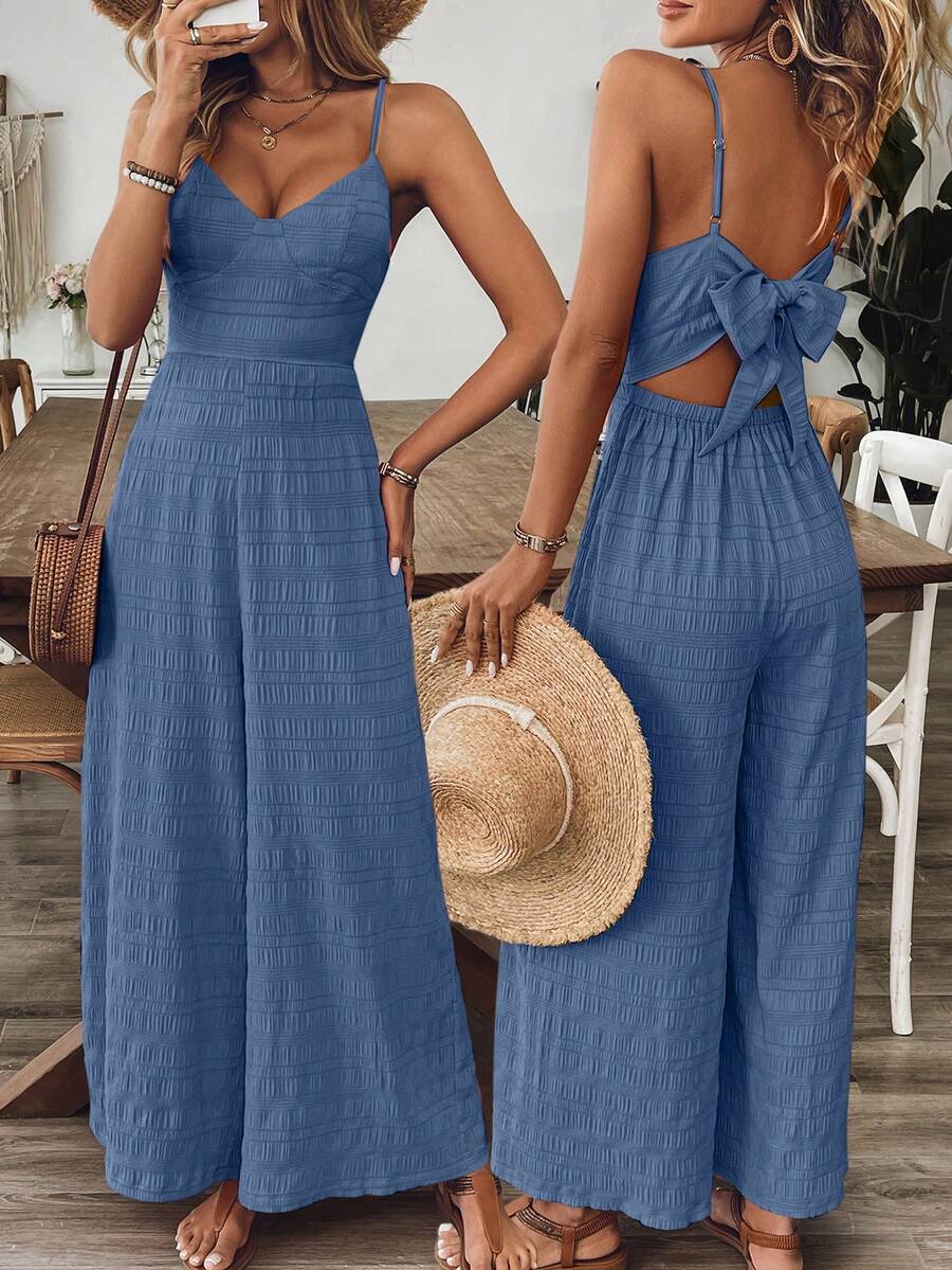 Breezaya Women's V-Neck Backless Bowknot Strap Jumpsuit, Rose Red, Spring/Summer - Blue - View 1