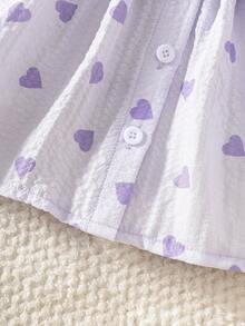 新生女宝宝粉色圆领荷叶边卡通爱心印花长袖红色蝴蝶结连衣裙，优雅可爱，适合所有季节穿着 - 紫色 - 查看 5