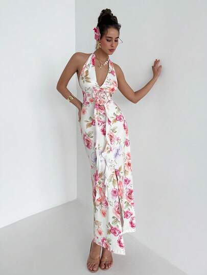 RiviMae Vestido elegante de mujer con cuello en V, espalda descubierta y estampado floral maxi con decoración de cintas florales colgantes