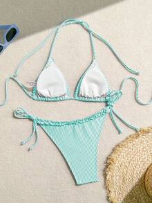 Swim Mod Women's Striped Nautical Style Patchwork Ruffle Trim Tie-Up Bikini Set - Mint Green - View 6