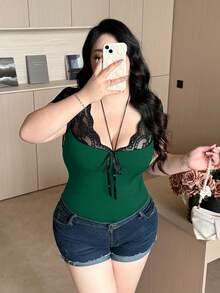 Vibekara Bow Lace Patchwork Tie Knot Short Sleeve T-Shirt, Fitted Cropped Camisole Top, Spring, Mocha - Dark Green - View 5