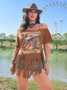 Sunnyshic Plus Size Women's Off-Shoulder Fringe Print T-Shirt, Casual Festival, Boho, Hippie, Cowgirl, Old Money Style - Mocha Brown - View 1