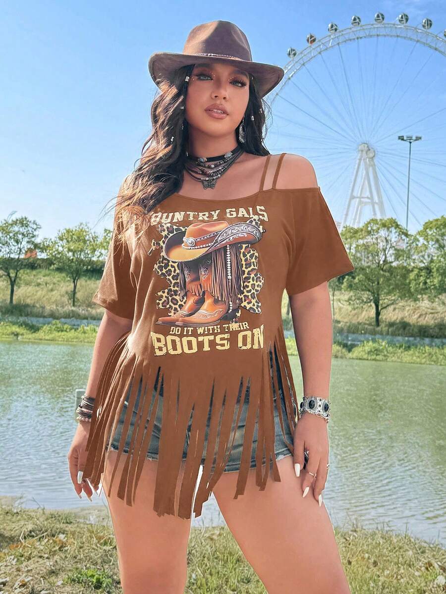 Sunnyshic Plus Size Women's Off-Shoulder Fringe Print T-Shirt, Casual Festival, Boho, Hippie, Cowgirl, Old Money Style - Mocha Brown - View 1
