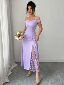 Elenzga Women's Elegant Off-Shoulder Dress, Fitted Silhouette With Lace Trim Side Panels And Thigh-High Slit, Suitable For Evening Parties, Dates, Light Social Events And Casual Outings - Purple - View 4