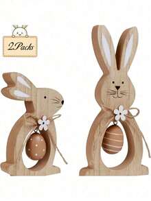 2PCS Set Cute Wooden Rabbit Egg Stackable Decor Indoor Home Party Joyful Spring Decoration Tabletop Ornament Shelf Sitter Mantel Decor For Easter Spring Celebration Holiday Festive Display - Easter Bunny Edition - View 5