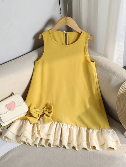 SHEIN Vintaside Kids Girl's Color Block Bow Decor Sleeveless Round Neck Dress