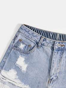 Breezaya Plus Size Women Summer Casual Fashionable Street Chic Daily Commute Distressed Frayed Hem Denim Shorts - Light Wash - View 3