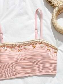 SHEIN 女童粉色贝壳海星无肩带分体泳衣网纱罩裙三件套夏季新款亲肤速干泳衣波浪纹理贝壳装饰高腰设计沙滩度假泳池时尚套装温柔甜美风格必备少女沙滩装泳衣三件套可爱泳衣夏季套装少女泳衣可爱泳衣少女夏季度假套装可爱夏季套装 - 粉色 - 查看 3