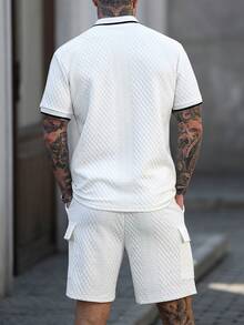 Manfinity Homme Men's Asymmetrical Texture Casual Short Sleeve Polo Shirt Set,White Summer Streetwear Vacation 2 Piece Outfit,Old Money Style Daily Leisure Sweatsuit - White - View 5