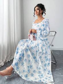 Elenzga Vestido elegante de manga farol con volantes en el bajo y estampado floral para mujer de talla grande - Azul - Ver 6