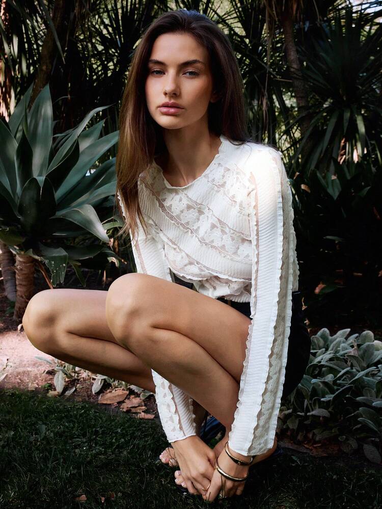 SHEIN Maija Women's Elegant Solid Color Lace Patchwork Blouse