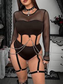 Whyspr Plus Size Chain & Mesh Patchwork Bodysuit - Mocha Brown - View 1