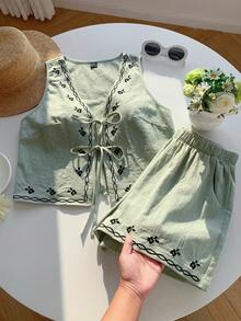 SHEIN EZwear 女士休闲刺绣梭织套装，绿色 - 綠色 - 查看 7