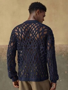 AKNOTIC Business Casual Áo sơ mi nam dệt kim móc họa tiết hoa quả mơ, tay dài, dáng rộng, thích hợp cho mùa hè, mùa thu, đi nghỉ mát, mặc hàng ngày, dự tiệc, mặc đôi, quà tặng cho nam giới. - Màu xanh hải quân - Xem 3