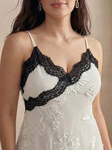 Elenzga 大码女士性感蕾丝拼接V领花卉亮片不对称下摆吊带连衣裙 - 彩色 - 查看 7