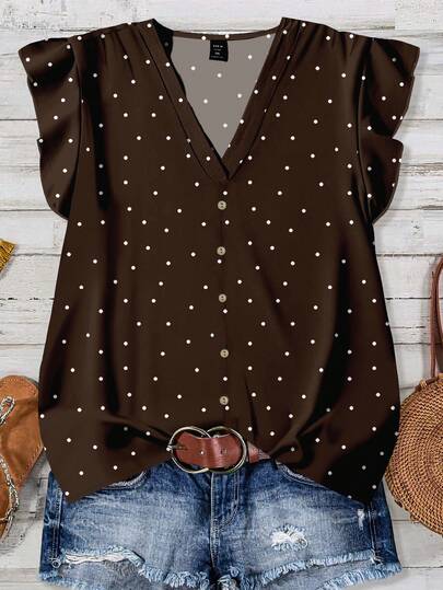 EMERY ROSE Casual Minimalist Polka Dot Print Plus Size Shirt, Suitable For Summer