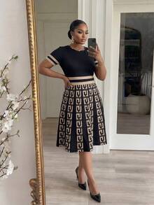 SHEIN Lady CURVE Đầm dự tiệc và thường ngày thanh lịch dành cho nữ cỡ lớn, họa tiết hình học, cổ tròn, thắt eo, thích hợp cho dự tiệc và thường ngày. - Nhiều màu - Xem 6