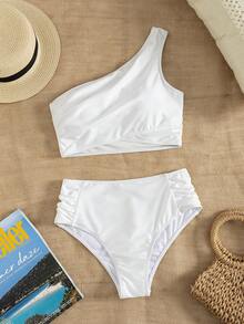 SHEIN Swim Women's Summer Beach Solid Color Sexy Halter Bikini Swimwear Set - White - View 5