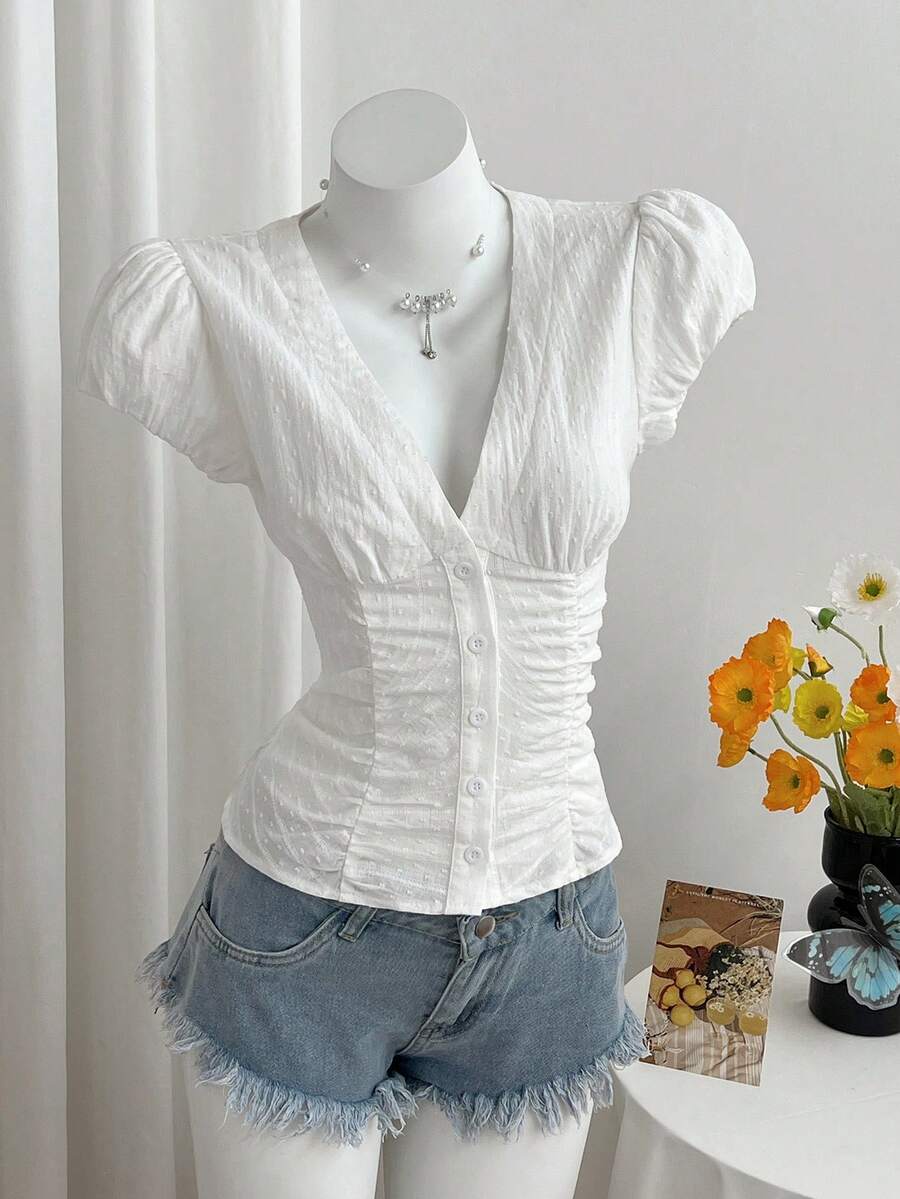 Elamini Women's Casual Deep V-Neck Pleated Petal Sleeve Blouse, Made Of Organic Cotton Jacquard Fabric - White - View 1