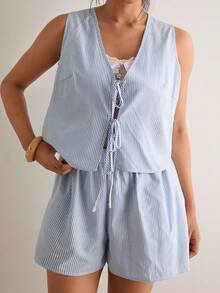Levarali Plus Size Bohemian Light Blue Stripe Sleeveless 2-Piece Set Summer Smart Casual Tie-Up V-Neck Vest Top Loose Wide Leg Shorts Outfit Beach Vacation - Blue and White - View 1
