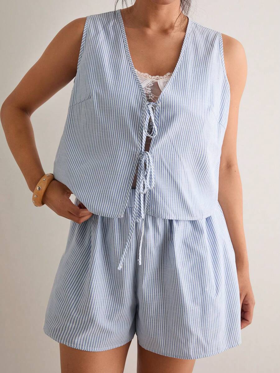 Levarali Plus Size Bohemian Light Blue Stripe Sleeveless 2-Piece Set Summer Smart Casual Tie-Up V-Neck Vest Top Loose Wide Leg Shorts Outfit Beach Vacation - Blue and White - View 1