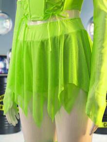 Women's Sexy Fairy Lace-Up Bra Top And Asymmetrical Net Skirt Long Sleeve Costume Set With Butterfly Wings - Green - View 8