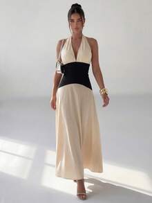 Rafferiza 优雅收腰黑白撞色露背系带V领无袖连衣裙，适合春夏穿着 - 杏色 - 查看 4