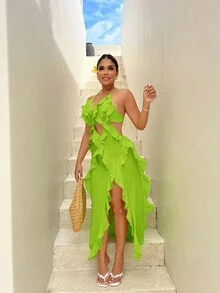 SHEIN SXY 大码女士性感露背系带荷叶边高开衩橙色连衣裙，适合早春、春夏、雨林、海滩派对、海边度假、篝火晚会等场合，清凉轻盈，修身剪裁，穿着舒适，易于搭配，显瘦显瘦，凸显身材曲线，展现迷人身姿。 - 綠色 - 查看 4