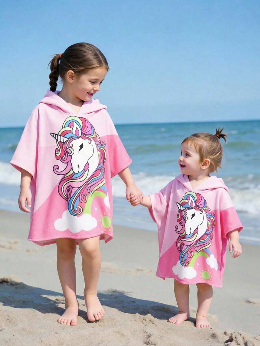 Emery Rose Kids Emery Rose Kids 小女孩可爱休闲粉色卡通图案连帽宽松泳衣罩衫 - 粉色 - 查看 1