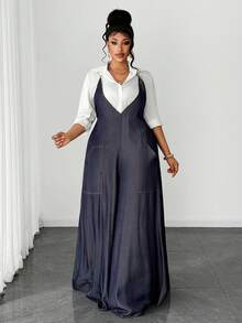 Maweii Mono con cadena y hombros descubiertos para tallas grandes - Azul Marino - Ver 3