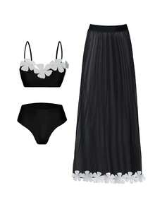 Swim Oasis 女士泳装套装，吊带露背3D立体花卉泳衣，高腰三角泳裤，网纱花卉长裙，时尚性感，休闲度假沙滩装，热门热销女士度假套装，沙滩派对套装，女士夏季套装 - 黑與白 - 查看 3