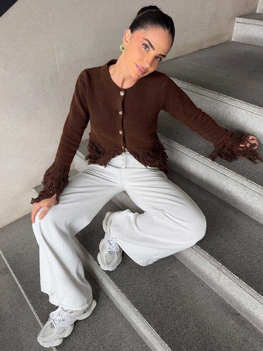 Marta Soriano 女士休闲圆领金属扣流苏长袖开衫 - 咖啡棕 - 查看 1