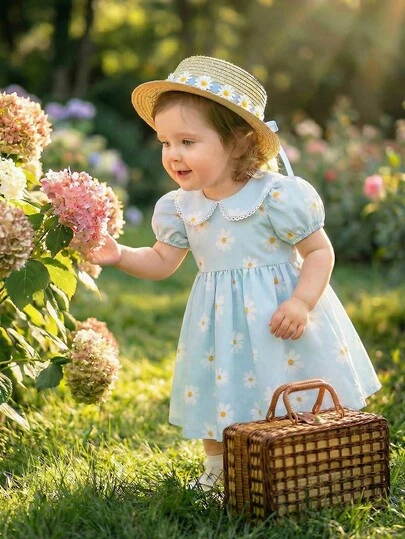 Souflis Souflis French Style New Baby Girls Daisy Floral Print Dress, Sweet Peter Pan Collar Princess Dress With Puff Sleeves, Casual & Fashionable, Suitable For Play, School And Various Occasions