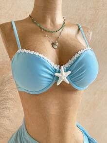 Soleia Bộ bikini gợi cảm mùa hè dành cho nữ, họa tiết sao biển, gồm áo khoác ngoài và váy. - Màu xanh lam - Xem 3
