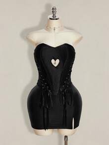 SHEIN ICON ملابس علوية حمراء برباط جانبي لعيد الحب للنساء بمقاس كبير - الأسود - مشاهدة 3