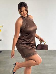 Firerie Plus Size Women's Chocolate Brown Autumn Elegant Night Out Club Halter Neck Lace Patchwork Backless Bodycon Satin Mini Dress For Valentine's Day - Brown - View 2