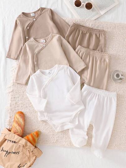 6pcs/Set Newborn Baby Boys/Girls Solid Color Knitted Soft Round Neck Long Sleeve Top And Elastic Waist Pants Set, Solid Color Fabric, Comfortable & Soft