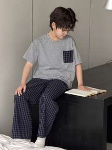 Dazy Kids Tween Boy Plaid Short Sleeve Top And Pants Pajama Set - Grey - View 4