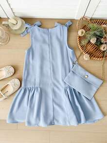 SHEIN LMoss Kids 女童編織純色圓領無袖修身洋裝 - 淺藍色 - 查看 2