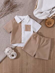 Vintaside Kids Baby Boy Decorated Patch Pocket Lapel Short Sleeve Cardigan And Shorts Set - Khaki - View 3