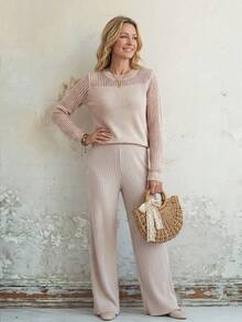 EMERY ROSE New Autumn Casual Loose Hollow Out Mesh Layered Fashionable Knit Blouse For Women Fall Sweater - Apricot - View 5