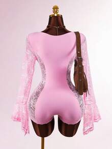 Amplova 性感撞色蕾丝收腰女士吊带连体裤，配长喇叭袖和透视侧片 - 粉色 - 查看 2