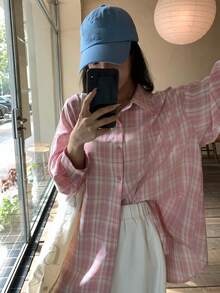 DAZY Women's Plaid Loose Casual Long Sleeve Shirt - Baby Pink - View 6