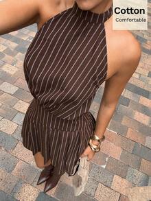 Siren Gaze 女士夏季新款休闲度假风棕色条纹印花露背A字短裙 - 棕色 - 查看 5