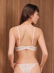 lacRébo Bộ đồ lót gợi cảm, áo ngực có gọng ren màu kem và quần lọt khe dễ thương cùng màu với đường viền hồng mỏng, phong cách Pháp mùa xuân hè. - Màu be - Xem 2