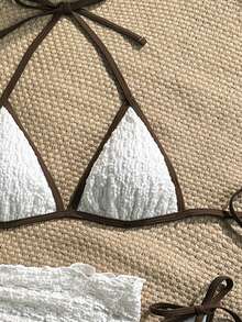 Swim Mod 3件套女士夏季沙滩度假时尚蕾丝边三角比基尼上衣、侧系带三角比基尼下装和蕾丝罩衫泳衣套装 - 彩色 - 查看 3