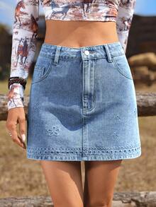 Breezaya Women's Casual Versatile Date/Travel Denim Mini Skirt With Floral Embroidery And Pockets - Blue - View 1