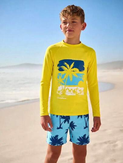 SHEIN 2pcs Tween Boys Swimwear Set, Vibrant Holiday Style: Bright Yellow Long Sleeve Top With Palm Tree & Island Print, Paired With Light Blue Bottom With Allover Navy Palm Tree Pattern, Fashionable, Casual, Suitable For Swimming, Summer Vacation, Beach, Pool Party